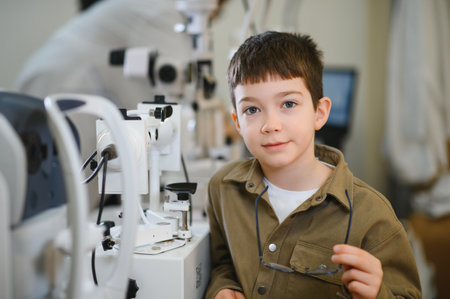 Young boy holding eyeglasses while receiving vision treatment in an ophthalmology clinic, focused on improving eyesight and eye healthの写真素材