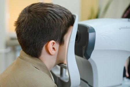 Child patient having his vision checked using a modern autorefractor by ophthalmologist in medical...