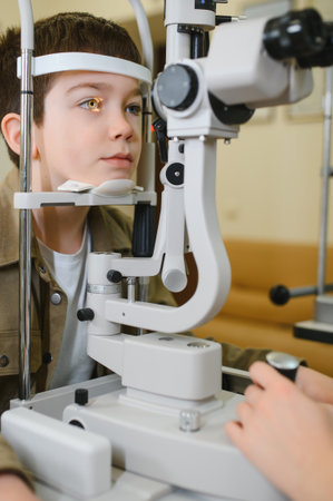 Ophthalmologist examining a child's eyesight using a slit lamp biomicroscope in a clinical setting,...