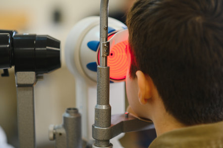 Child patient having his vision by checked medical equipment during a diagnostic procedure in an...