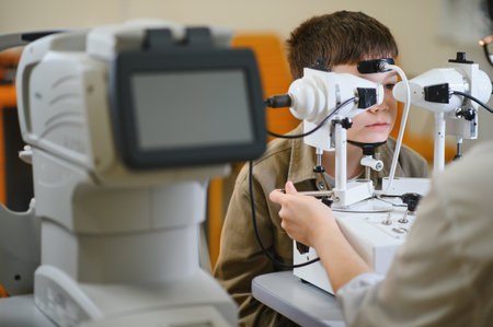 Ophthalmologist uses modern equipment to check the vision of a young boy in a medical clinic,...
