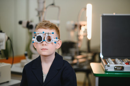 Boy wearing a trial frame while undergoing an ophthalmological examination in a vision care clinic,...