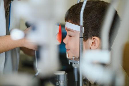 Young boy undergoing a vision test conducted by an ophthalmologist using specialized equipment in a...