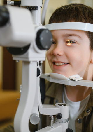 Young patient undergoing an eye examination with a slit lamp biomicroscope by ophthalmologist in...