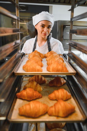 Professional baker tray placing golden brown croissants into industrial oven in bakery kitchen