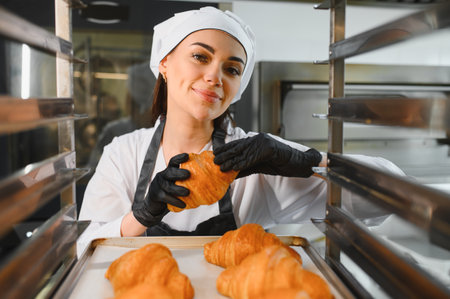 Professional baker proudly presenting a perfect golden croissant, showcasing the quality and passion of artisan bakingの写真素材