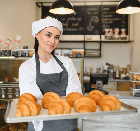 Female baker presenting a tray of golden brown croissants in her bakery, showing the delicious...