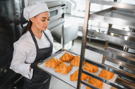 Professional baker proudly displaying a tray of golden-brown croissants, showcasing the artistry and...