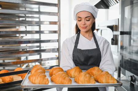 Professional baker proudly presenting a tray of perfect golden croissants, showcasing the artistry...