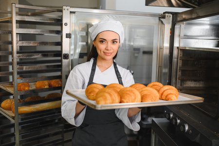 Professional baker presenting a tray of perfect golden croissants, showcasing the artistry and...