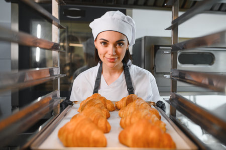 Female baker wearing black gloves and white uniform taking tray of golden brown croissants out of...