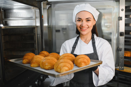 Smiling baker presenting a tray of golden brown croissants, showing the result of her baking...