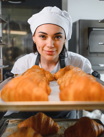 Professional baker proudly presenting a tray of golden brown croissants, showing the result of her...