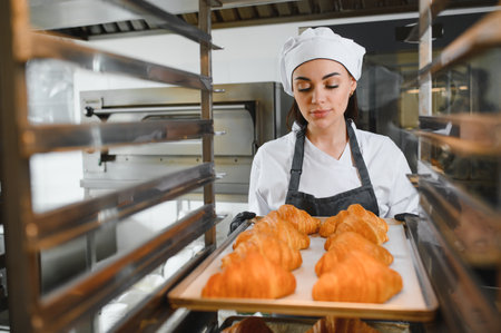 Female baker carefully placing a tray of golden brown croissants into a cooling rack in a...