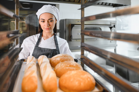 Female baker arranging loaves of bread and baguettes on a metal cooling rack in a bakery kitchen