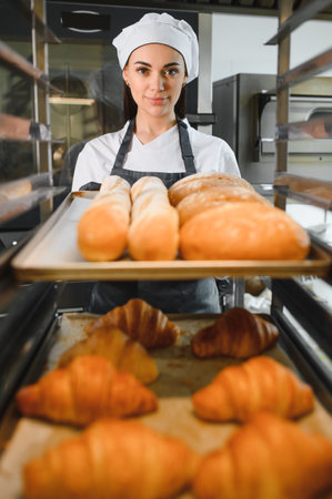 Professional baker presenting trays of delicious bread and croissants, showing the outcome of her...
