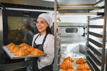 Smiling baker presenting tray of golden brown croissants, showing the result of her work in a...