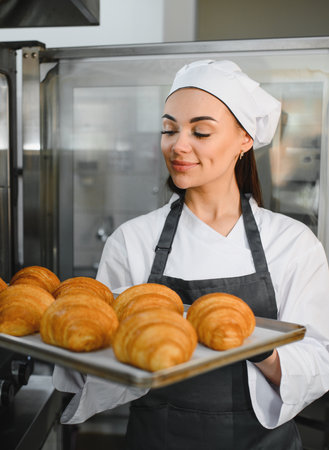 Professional baker proudly presenting a tray of golden brown croissants, showing the quality and...