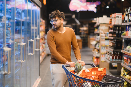 Customer pushing a shopping cart while selecting fresh groceries in a bustling supermarket,...