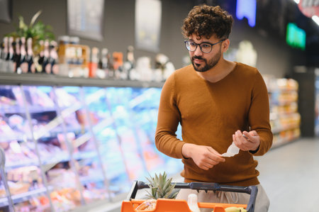 Young arab man checking his shopping list while pushing a shopping cart full of groceries in a...