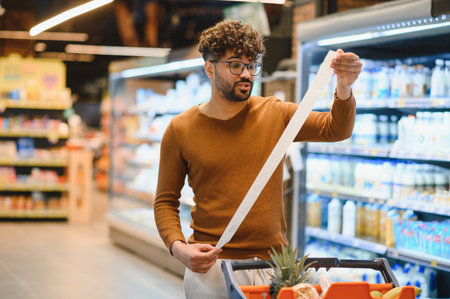 Shopper reviewing a very long receipt while shopping for groceries in a supermarket, surprised by...