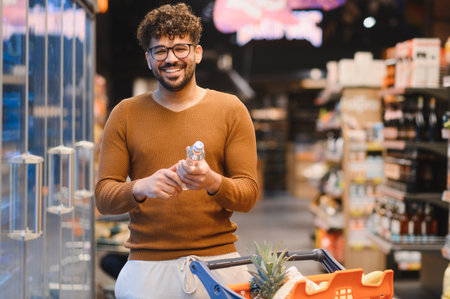 Customer selecting a bottle of water in a supermarket, pushing a shopping cart filled with groceries...