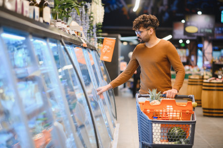 Customer choosing frozen food from a refrigerated display in a supermarket, pushing a shopping cart...