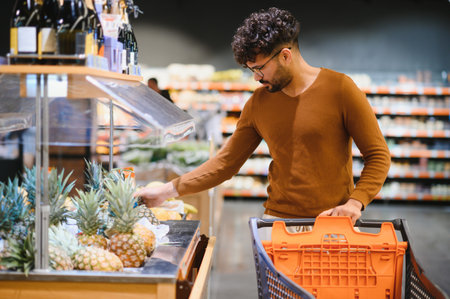 Young man shopping for groceries in a supermarket, choosing a pineapple from the fruit and vegetable sectionの写真素材