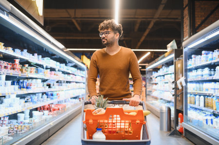 Young arab man pushing a shopping cart full of groceries along the aisles of a supermarket, choosing...