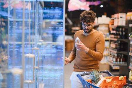 Focused arab man checking water bottle label while shopping groceries in supermarket refrigerator...