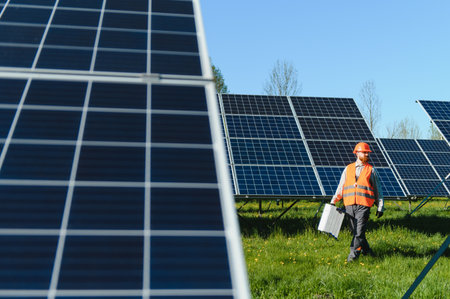 Maintenance worker in safety gear carrying equipment while walking through solar panel installation...