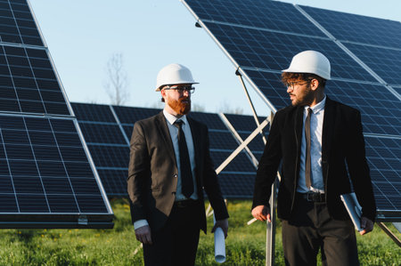 Two engineers walking and discussing in a solar power station, holding blueprints and assessing the...