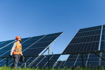 Electrical engineer inspecting a solar panel farm carrying a toolbox, on a sunny day with blue sky