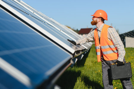 Engineer working at solar power station carrying toolbox and installing photovoltaic panels for...