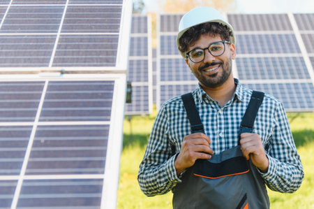 Engineer smiles while installing solar panels in a large solar farm, contributing to renewable...