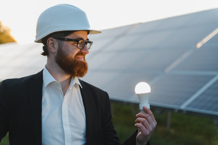 Engineer holding a glowing light bulb with a solar panel system in the background, symbolizing...