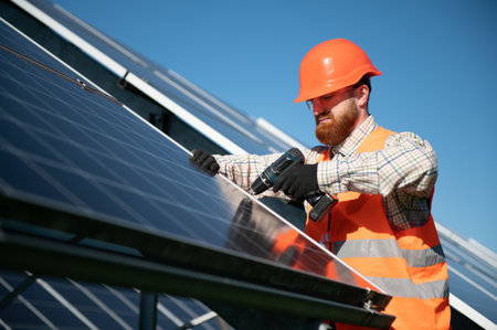 Skilled technician working on a photovoltaic plant, installing solar panels using a screwdriver,...
