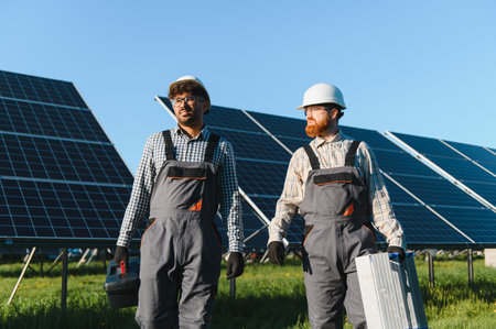 Two engineers walking through a solar energy plant, carrying tools and collaborating on projects...