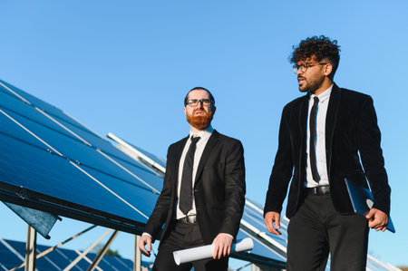 Two businessmen walking and discussing by large solar panels in a solar farm, representing...