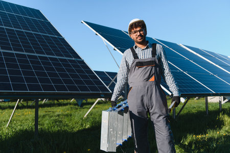 Technician in work attire installing solar panels outdoors, showcasing renewable energy efforts and...