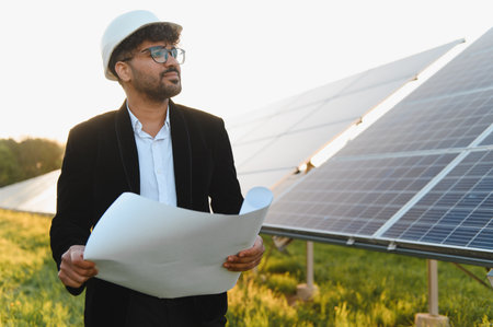 Indian engineer wearing white hardhat holding blueprint inspecting a solar panel farm during sunset...