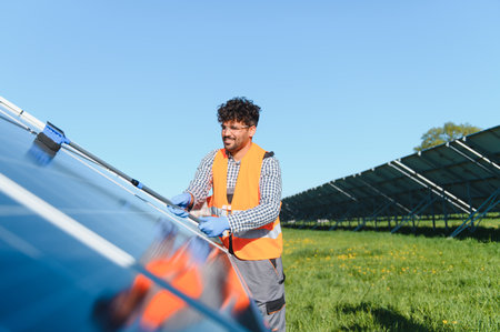Middle eastern engineer cleaning a solar panel with a brush in a solar power plant, promoting...
