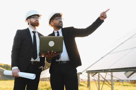 Two engineers with blueprints and a laptop discussing next to solar panels in a field, pointing to the future of renewable energyの写真素材