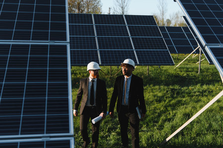 Two engineers wearing suits and hard hats are walking and discussing near a solar panel farm,...