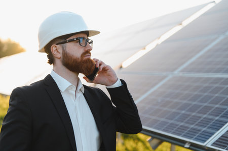 Investor wearing suit and hardhat using smartphone near solar panels in photovoltaic power station