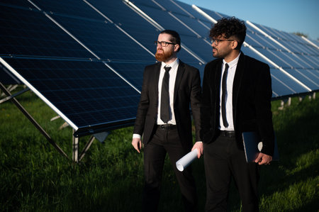 Two businessmen walking and discussing strategies near solar panels at a renewable energy power plant, highlighting sustainable energy solutionsの写真素材