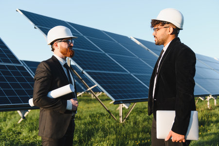 Two investors wearing suits and hardhats discussing near solar panels in a solar power station,...