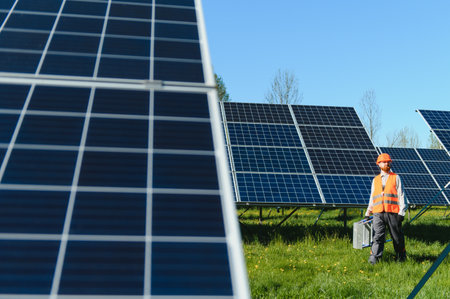 Technician in a field of solar panels, focusing on installation and maintenance, promoting...