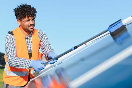 Middle eastern male technician cleaning photovoltaic panels with a long brush, wearing gloves, safety glasses and high visibility vestの写真素材