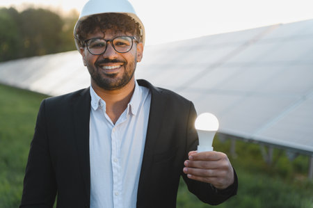 Smiling arab businessman wearing a hardhat and suit, holding a light bulb while standing in a solar...
